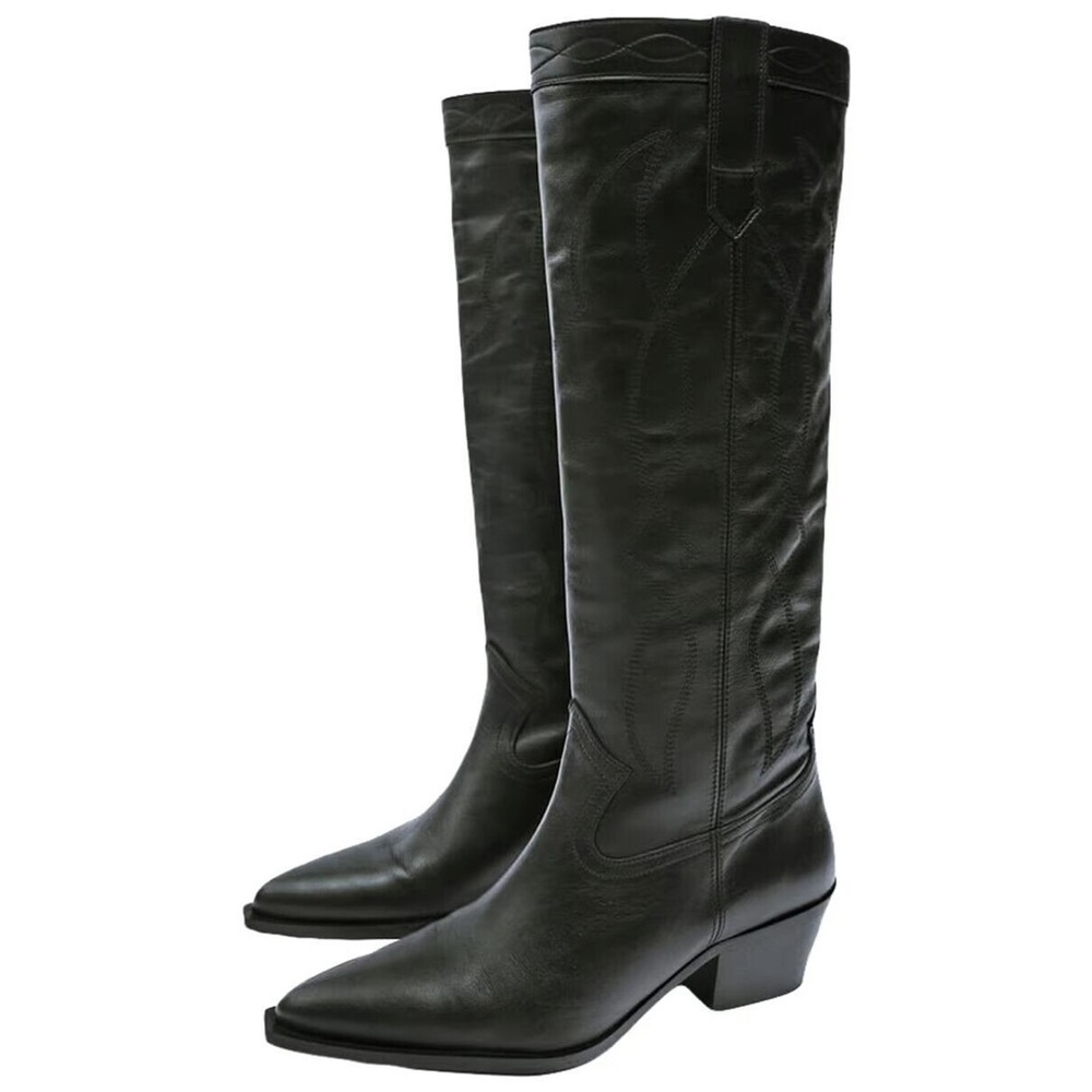 Zara Black Leather Embroidered Cowboy Boots 39